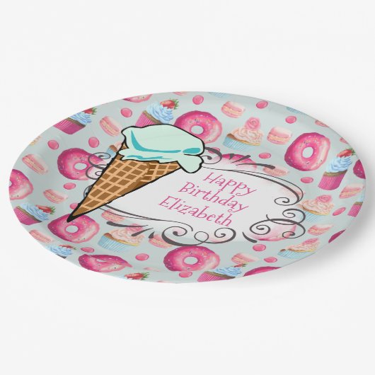 Donuts Macarons Cupcake Ice Creme Custom Geburtsta Pappteller (Schrägansicht)