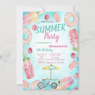 Donuts, Macarons, Eiscreme Fahrrad Geburtstagsfeie Einladung