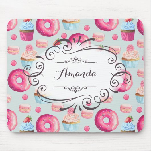 Donuts Macarons und Cupcake Whimsical Personalisie Mousepad (Vorne)