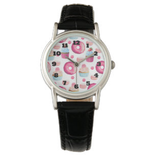 Donuts Makaronen und Cupcake Muster in Aquarellfar Armbanduhr