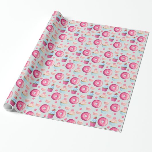 Donuts Makaronen und Cupcake Muster in Aquarellfar Geschenkpapier (Ungerollt)