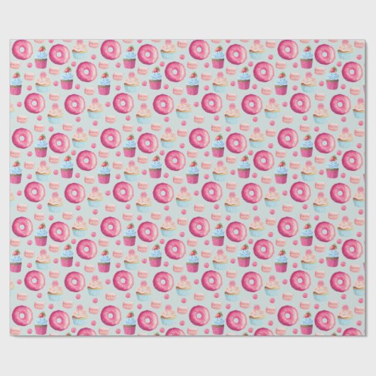 Donuts Makaronen und Cupcake Muster in Aquarellfar Geschenkpapier (Flach)