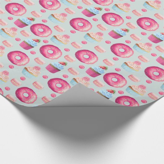 Donuts Makaronen und Cupcake Muster in Aquarellfar Geschenkpapier (Ecke)