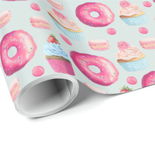Donuts Makaronen und Cupcake Muster in Aquarellfar Geschenkpapier