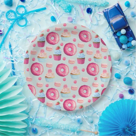 Donuts Makaronen und Cupcake Muster in Aquarellfar Pappteller (Party)