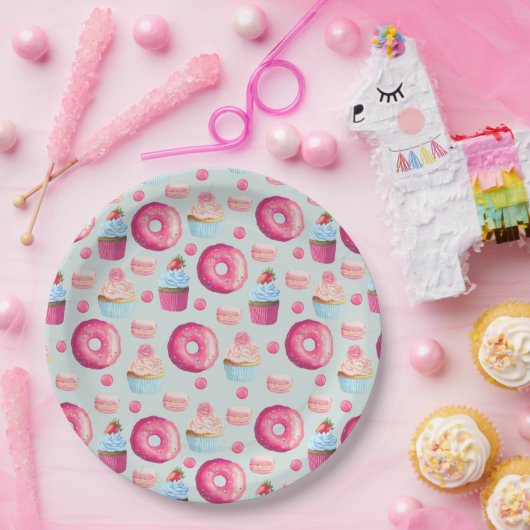 Donuts Makaronen und Cupcake Muster in Aquarellfar Pappteller (Party)