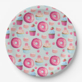 Donuts Makaronen und Cupcake Muster in Aquarellfar Pappteller (Vorderseite)