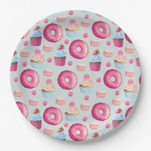 Donuts Makaronen und Cupcake Muster in Aquarellfar Pappteller (Vorderseite)