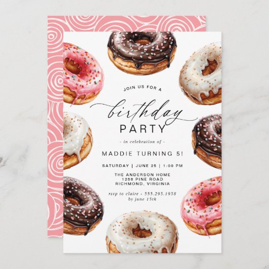 Donuts | Niedliche Dessert Thema Girl's Birthday P Einladung (Vorne/Hinten)