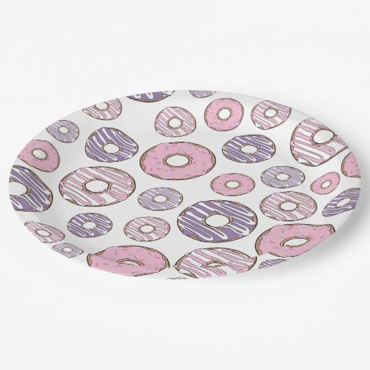 Donuts, rosa Donuts, Lila Donuts Pappteller (Schrägansicht)