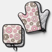 Donuts, rosa Donuts, weiße Donuts Ofenhandschuh & Topflappen-Set (Vorderseite/Rückseite)