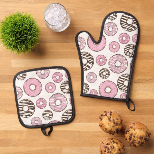 Donuts, rosa Donuts, weiße Donuts Ofenhandschuh & Topflappen-Set (Oben Unten)