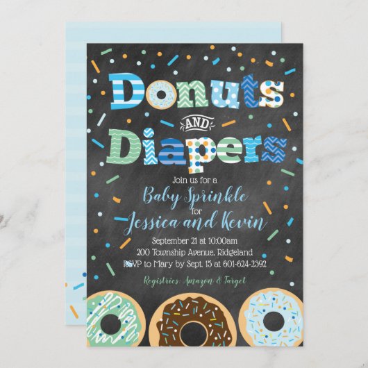 Donuts und Diapers Baby Boy Sprinkle Chalkboard Einladung (Vorne/Hinten)