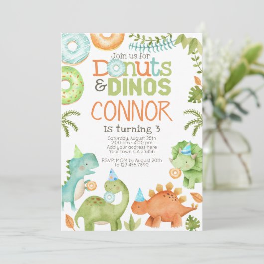 Donuts und Dinos Einladung (Stehend Vorderseite)