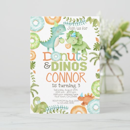 Donuts und Dinosaurier Einladung (Stehend Vorderseite)