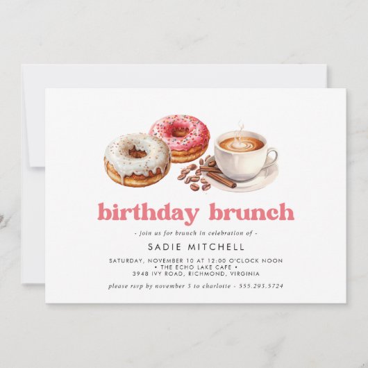 Donuts und Kaffee | Niedlich Pink Birthday Brunch Einladung (Vorderseite)