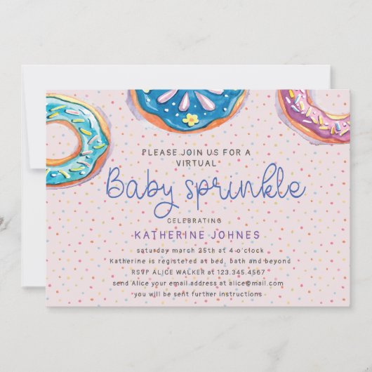 Donuts und Sprinklen virtuelle Babydusche einladen (Vorderseite)