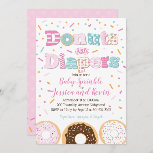 Donuts und Windeln Baby Girl Sprinkle oder Dusche Einladung (Vorne/Hinten)