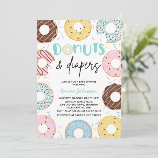 Donuts und Windeln Baby Sprinkle Baby Dusche Einladung (Stehend Vorderseite)