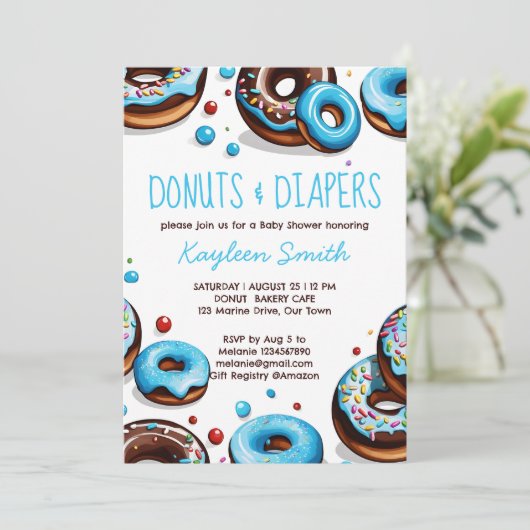 Donuts und Windeln blaubraune Babydusche Einladung (Stehend Vorderseite)