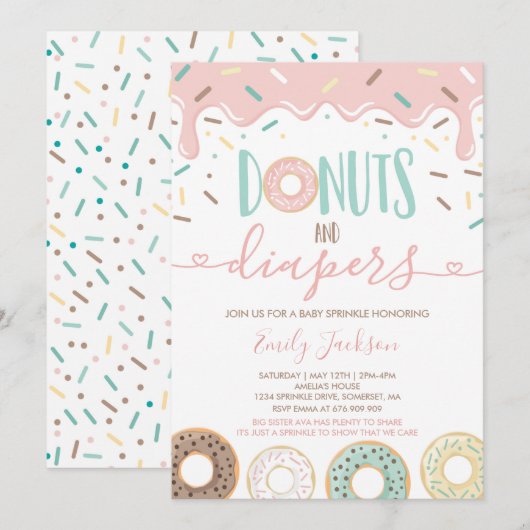 Donuts und Windeln Einladung zum Sprinkle-Baby (Vorne/Hinten)