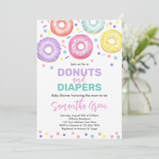 Donuts und Windeln Kinderdusche Einladung (Stehend Vorderseite)
