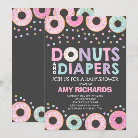 Donuts und Windeln Kinderdusche Einladung (Vorne/Hinten)