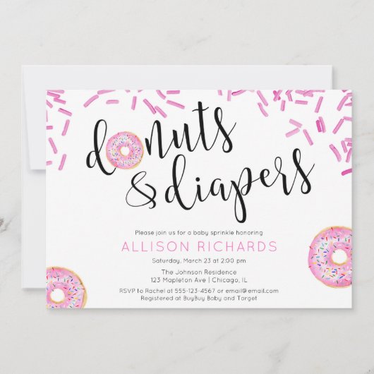 Donuts und Windeln Mädchen Sprinkle Einladung (Vorderseite)