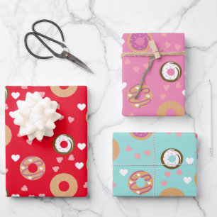 Donuts Valentinstag Herzen Rot Pink Türkis Geschenkpapier Set