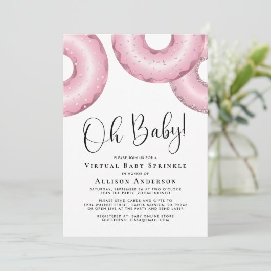 Donuts Virtual Baby Sprinkle Rosa Einladung (Stehend Vorderseite)