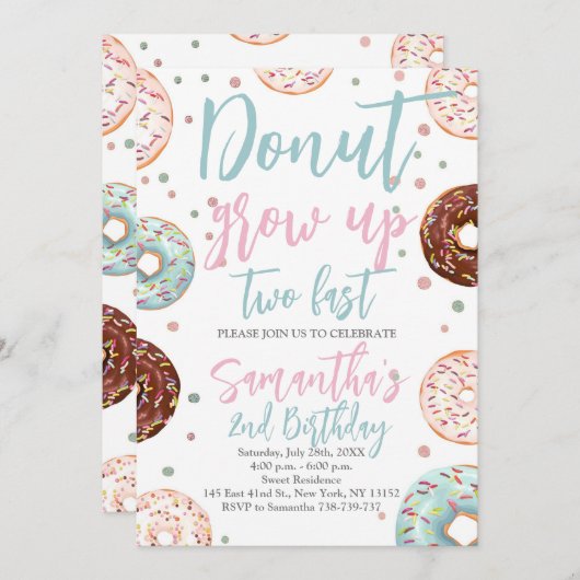 Donuts wachsen zwei schnelle Wasserfarbenmädchen z Einladung (Vorne/Hinten)