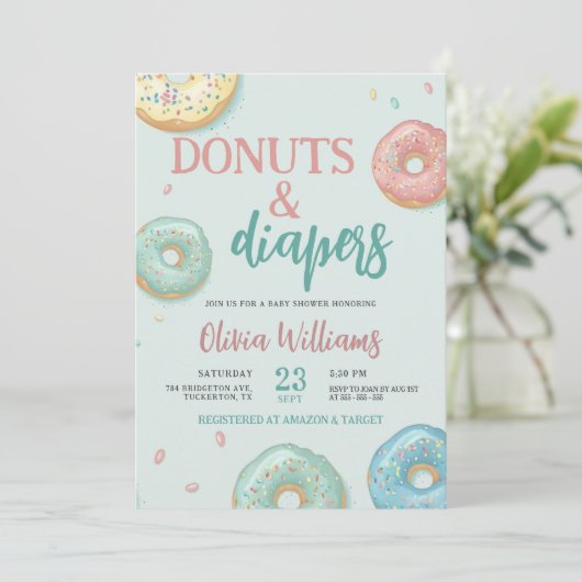 Donuts & Windeln Niedlich Minze Green Baby Dusche Einladung (Stehend Vorderseite)