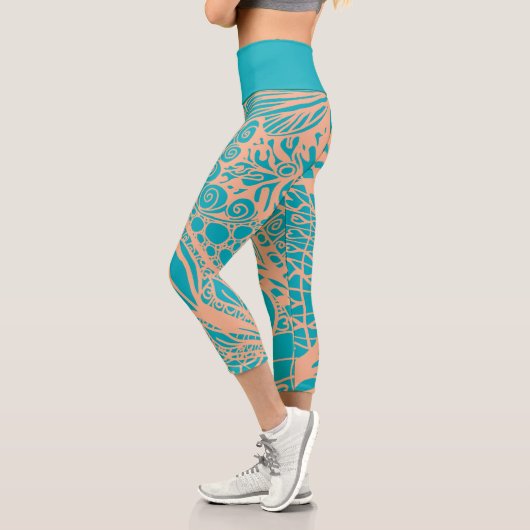 Doodle 1E Aqua Peach 1 Capri Leggings (Links)