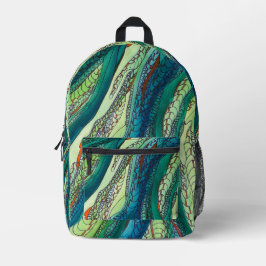 Doodle Art Blues und Grüntöne Bedruckter Rucksack