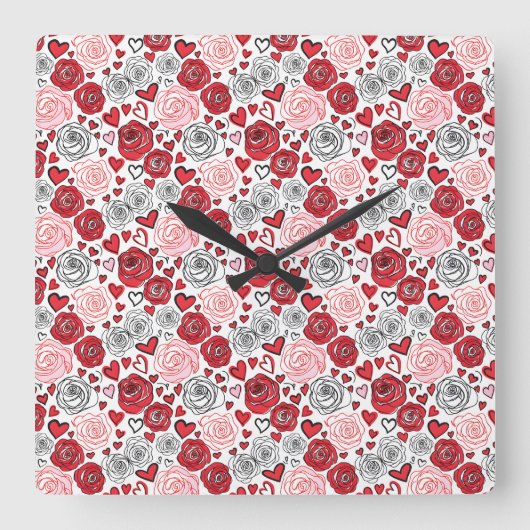 Doodle Art Style Red Pink Roses Hearts Valentine's Quadratische Wanduhr (Vorderseite)