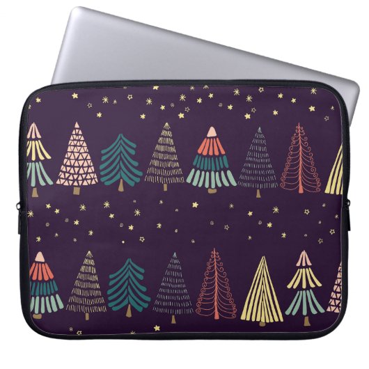 Doodle Bäume, Sterne, dunkelblau. Laptopschutzhülle (Vorderseite)