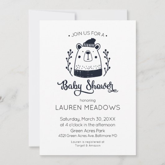 Doodle Bear Winter Baby Dusche Einladung (Vorderseite)