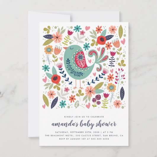 Doodle Bird Spring Baby Girl Babydusche Einladung (Vorderseite)