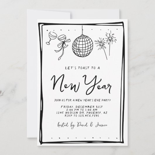 Doodle Black and White Silver Party Einladung (Vorderseite)