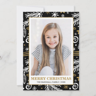 Doodle Black Gold White Pines Weihnachtsfest Foto Einladung