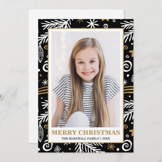 Doodle Black Gold White Pines Weihnachtsfest Foto Einladung (Vorne/Hinten)