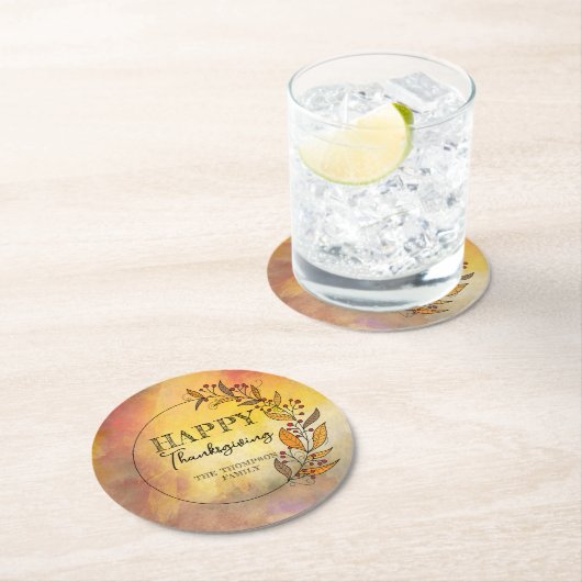 Doodle Blätter & Berries Erntedank Wreath Runder Pappuntersetzer (Vor Ort)