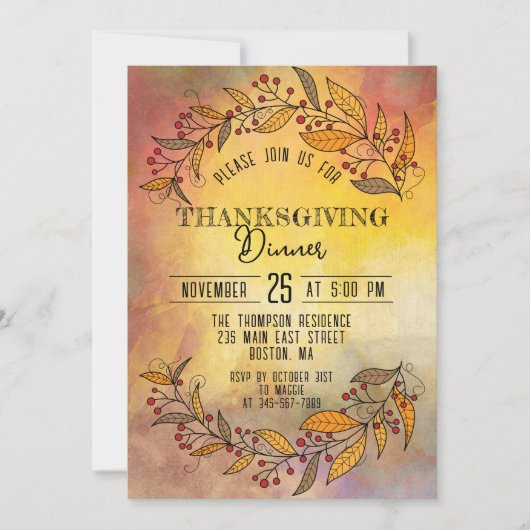 Doodle Blätter und Berries Erntedank Dinner Einladung (Vorderseite)