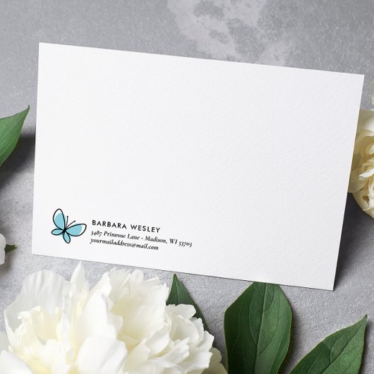 DOODLE BLUE BUTTERFLY WHIMSICAL MONOGRAM MITTEILUNGSKARTE