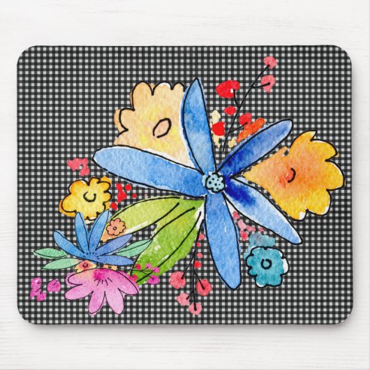 Doodle-Blume auf Gingham Mouse Pad Mousepad (Vorne)