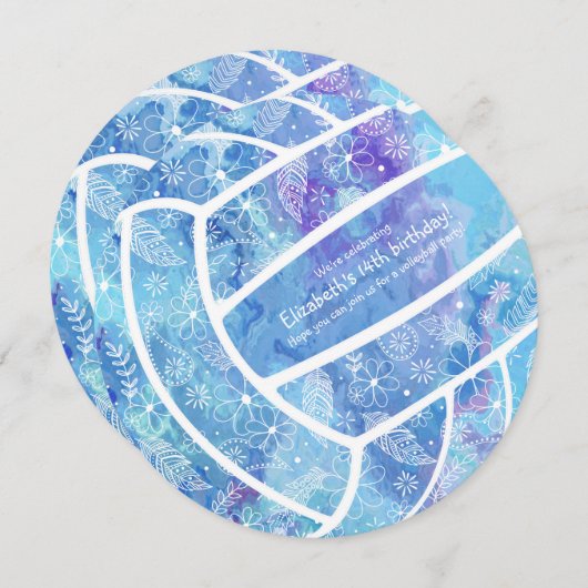 Doodle-Blume federn Blauvolleyball Einladung (Vorne/Hinten)