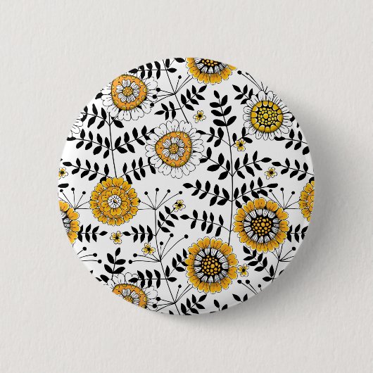 Doodle-Blume und -Blätter in Gelb und Schwarz Button (Vorderseite)