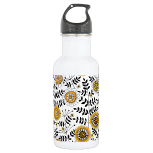 Doodle-Blume und -Blätter in Gelb und Schwarz Edelstahlflasche