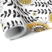 Doodle-Blume und -Blätter in Gelb und Schwarz Geschenkpapier (Rolleneckpunkt)