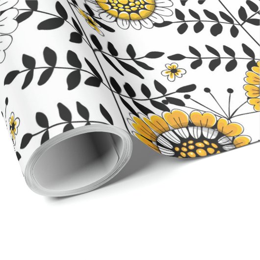 Doodle-Blume und -Blätter in Gelb und Schwarz Geschenkpapier (Rolleneckpunkt)
